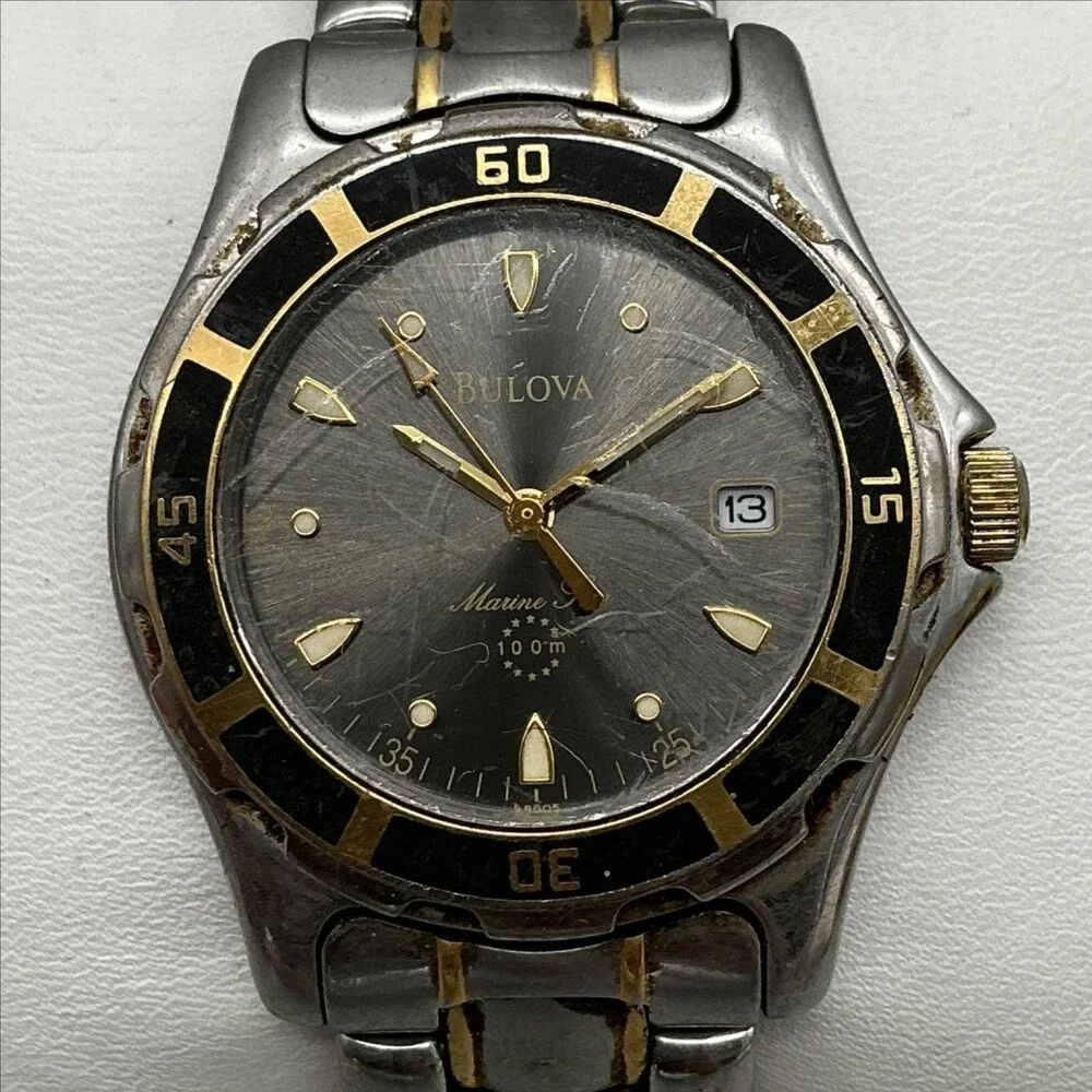 Bulova Marine Star 100m Mens Watch 37mm Gray Dial Two Tone Date For Parts 7.25